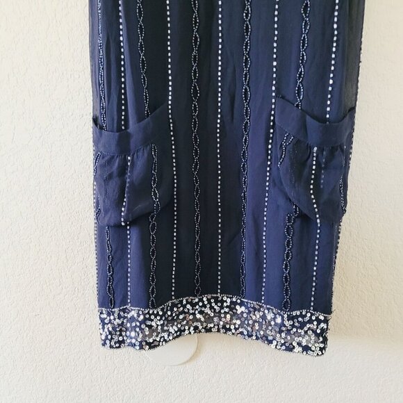 French Connection 100% Silk Shift Dress Sz 0 Blue Sequin Beaded Lined Lightweigh - Picture 6 of 10